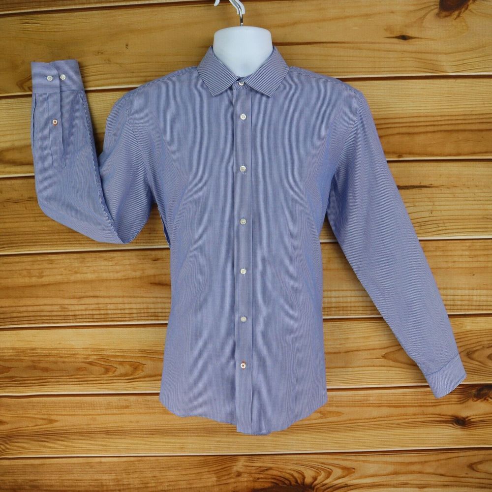 DOCKERS Dress Shirt Trim Fit Mens L Blue White Striped Long Sleeve Spread Collar